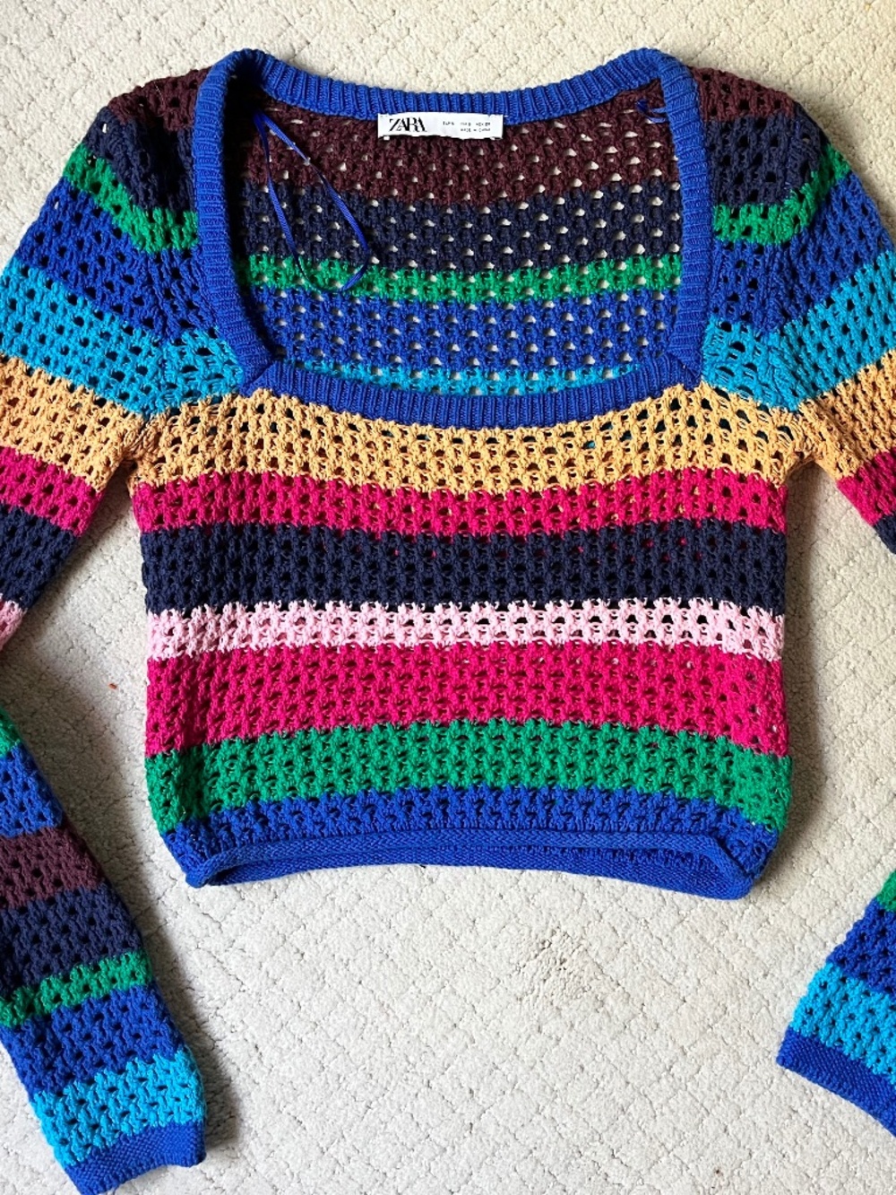 Zara Multicolor Crochet Knit Sweater Top Striped Boho Open Weave Festival Retro